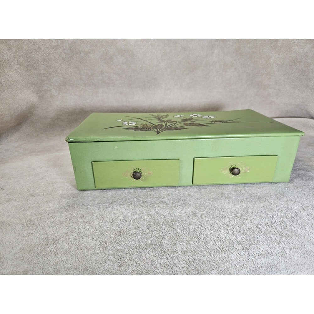 Vintage Cardboard/Leather-like Jewelry Box Green w/Tree 1960's Trinket 2 Drawers